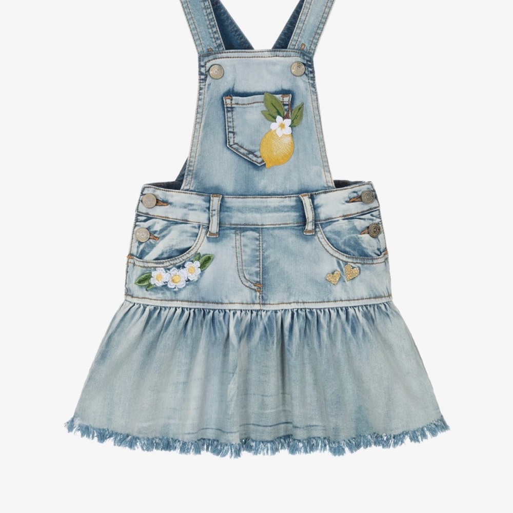 MonnaLisa Light Blue Denim Overall Dress with Lemon Embroidery